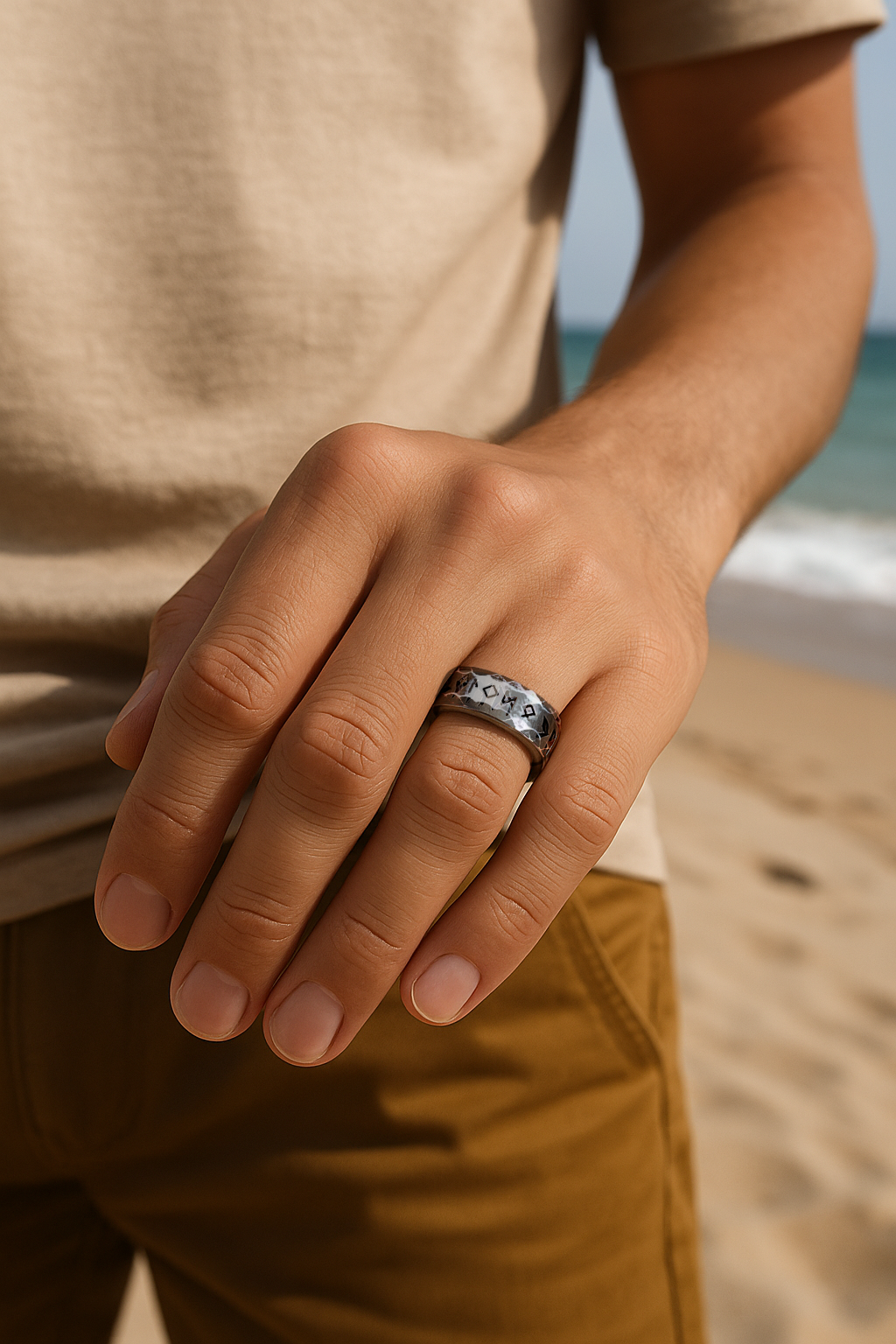 anillo de acero con runas vikingas para hombre